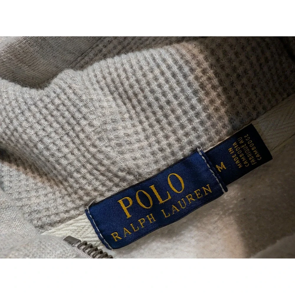 Polo Ralph Lauren Mens Medium Oatmeal Heather Waffle Lined Full Zip Hoodie Pony